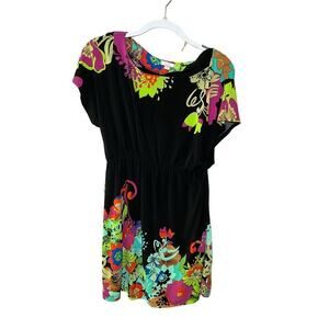 Eci Mini Dress Women's 10 Black Floral Boat Neck Dolman Sleeve Stretch Pleated